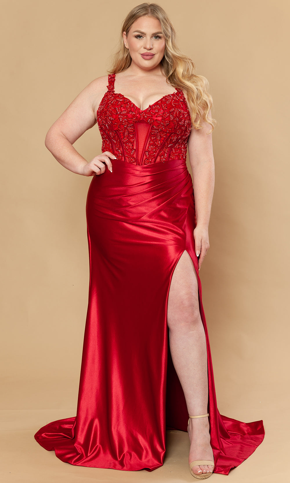 Red Wine V-Neck Floor-Length Poly Span Satin Prom Gown with Beaded Lace Poly USA W1246