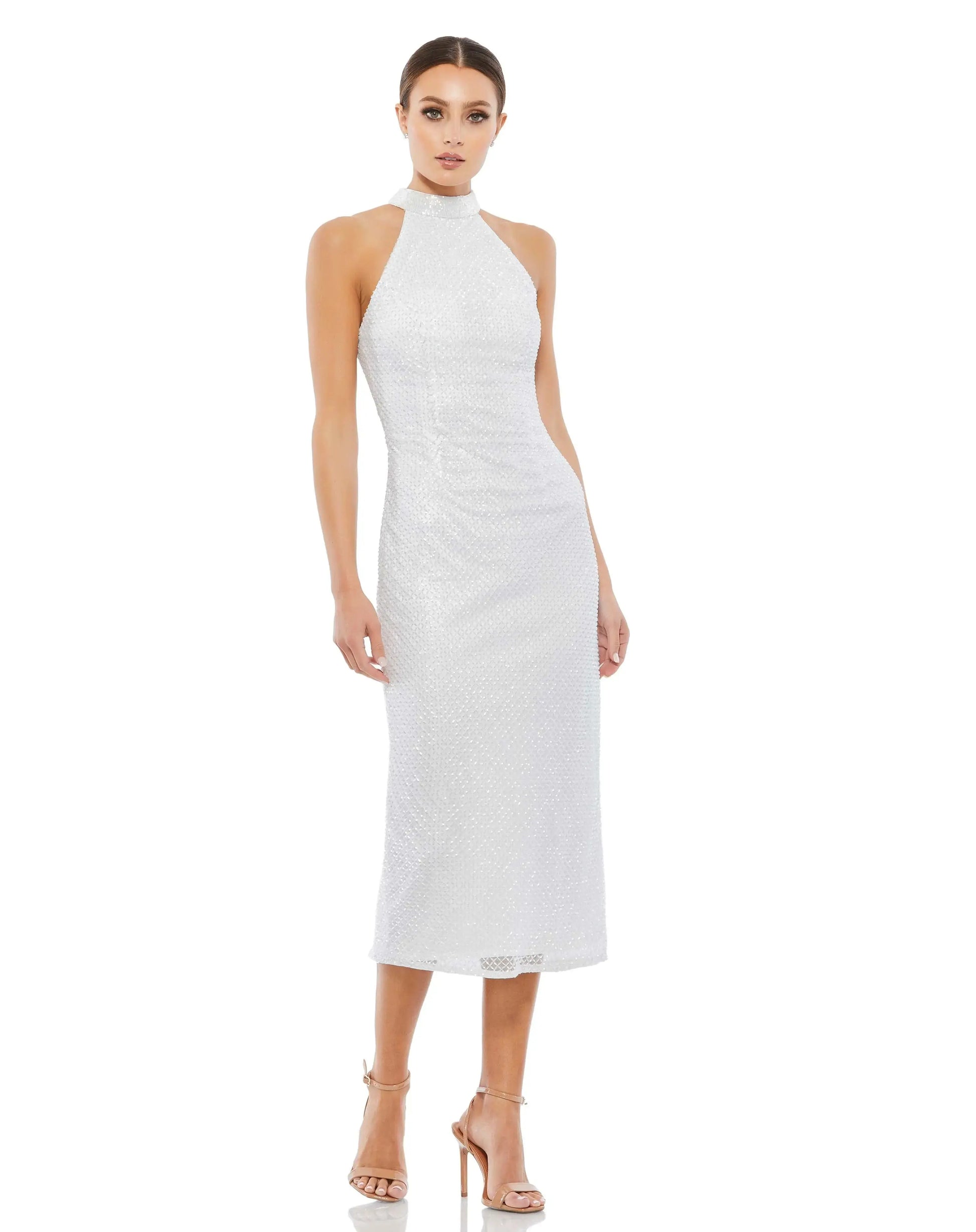 Wedding Dresses Midi Beaded Wedding Dress - Fitted - Mac Duggal 70110 White-Polyester-70110-Fitted