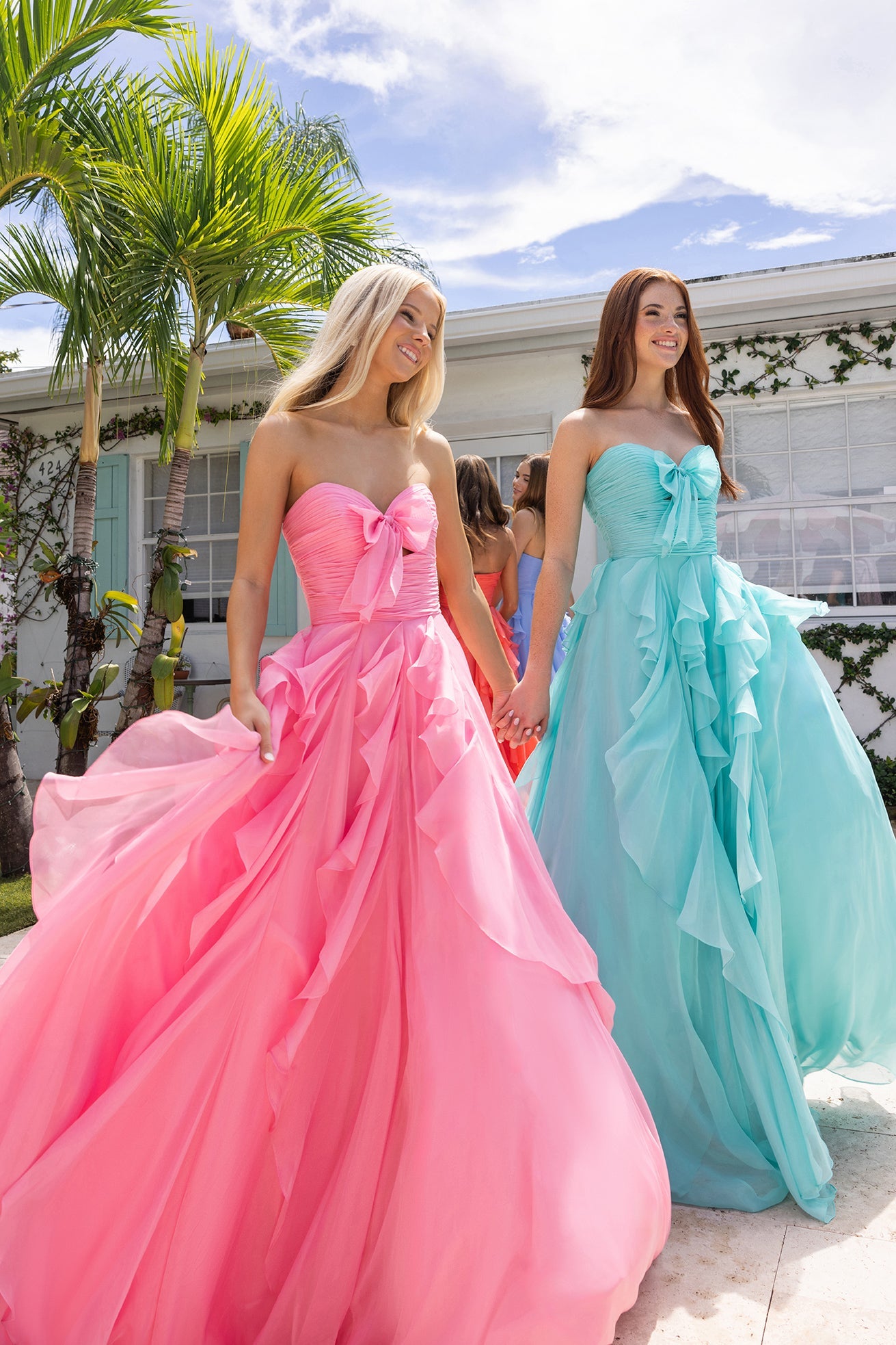 Mint Strapless Sweetheart Chiffon Ballgown Cascading Ruffles and Bow Portia & Scarlett XO170