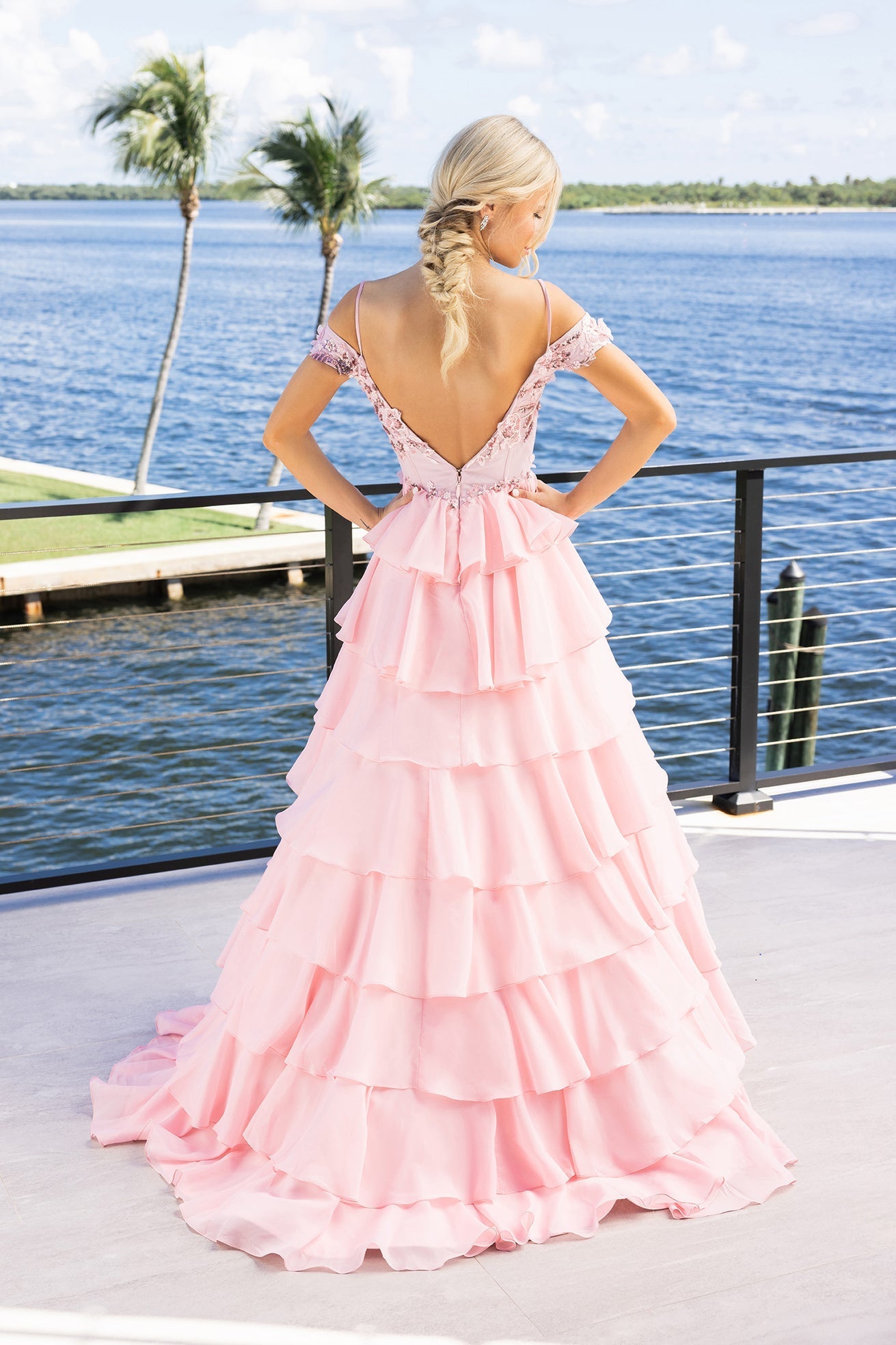 Pink V-Neck Cold-Shoulder Tiered Ruffle Ballgown 3D Floral Bodice Portia & Scarlett XO171