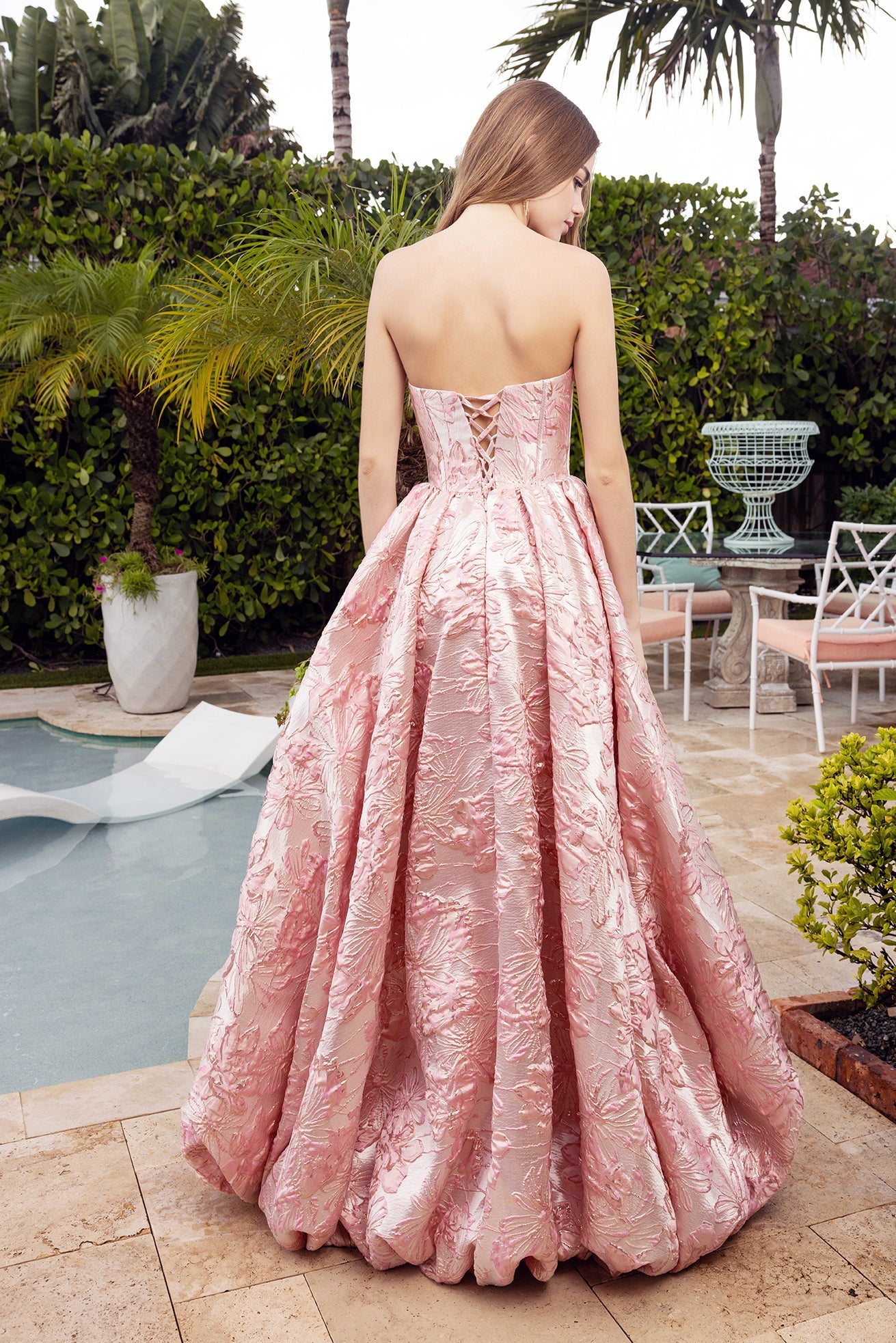 Pink Strapless Floor-Length Floral Jacquard Prom Dress Corset Back Portia & Scarlett XO180