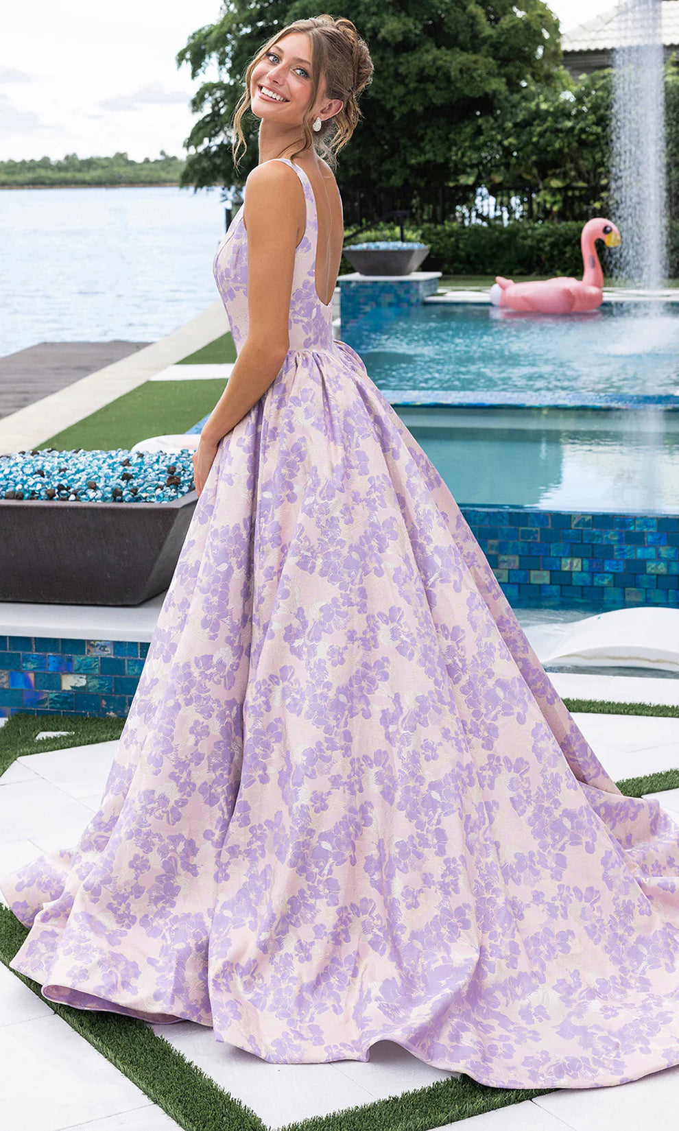 Lilac/Pink Scoop Neck Floor-Length Floral Jacquard Prom Dress Open Back Portia & Scarlett XO185