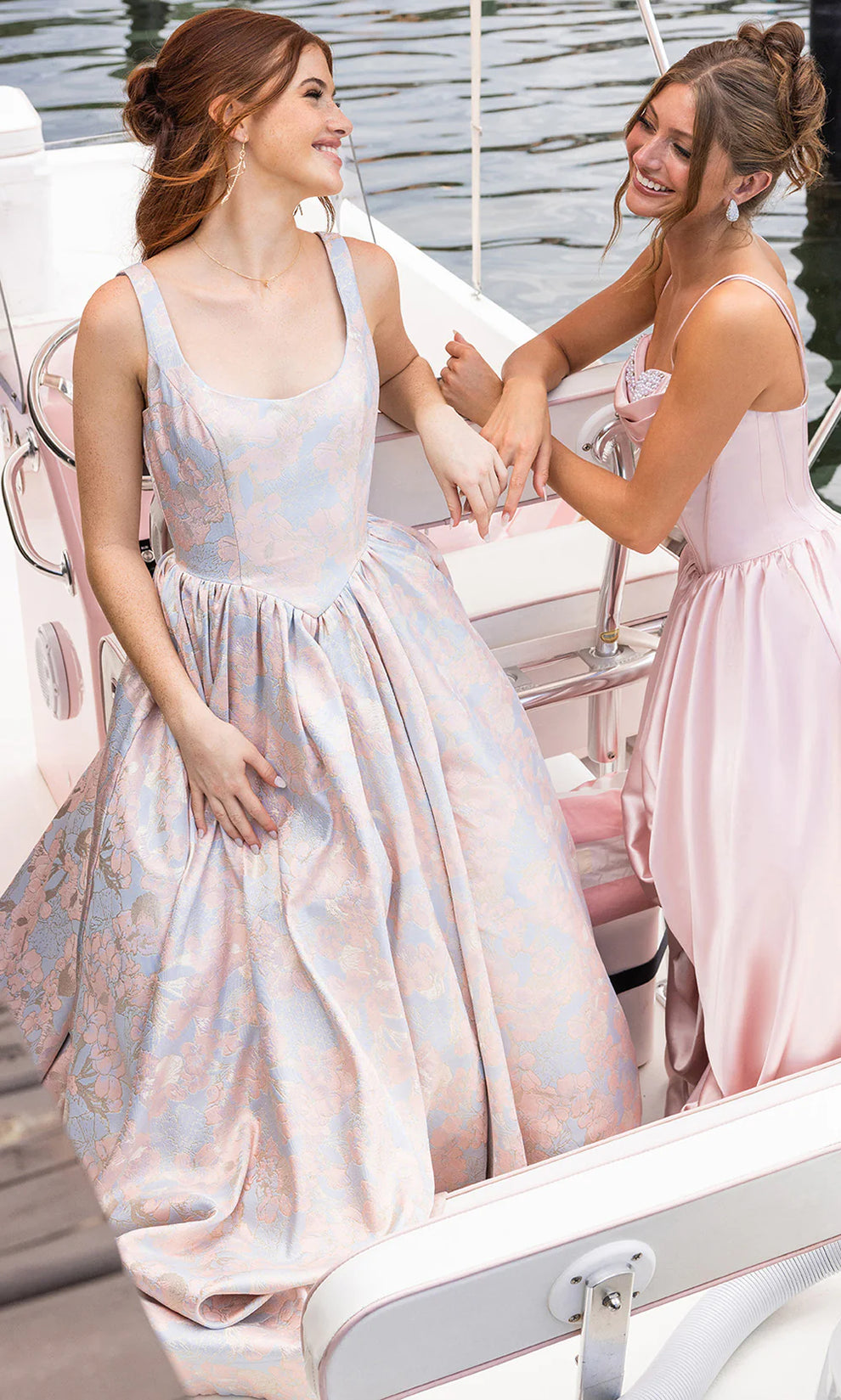 Pink/Blue Scoop Neck Floor-Length Floral Jacquard Prom Dress Open Back Portia & Scarlett XO185