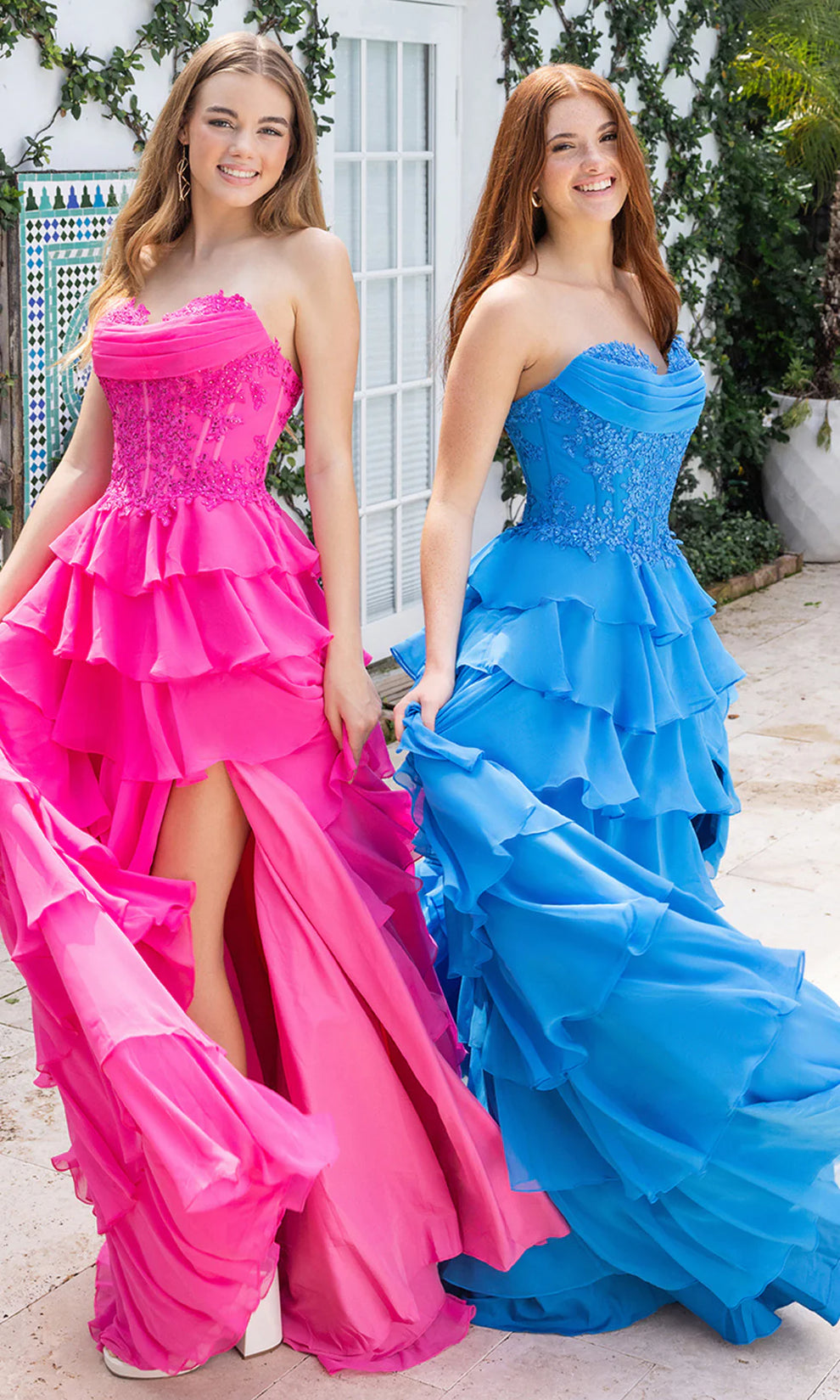 Pink Strapless Floor-Length Chiffon Prom Tiered Gown Slit Portia & Scarlett XO189