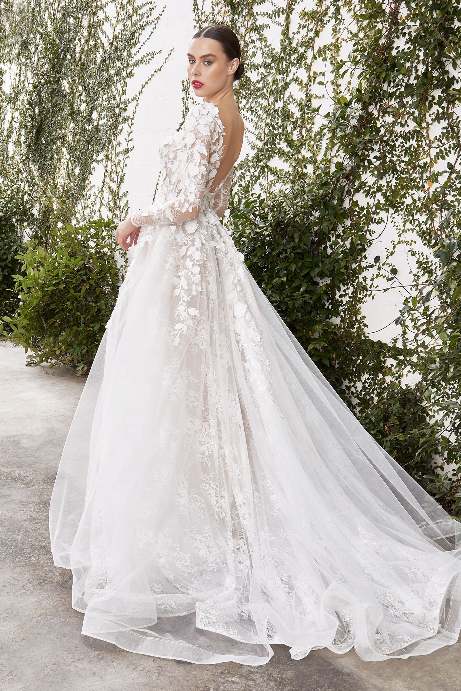 Wedding Dresses Long Lace 3D Floral Bridal A Line Wedding Dress Off White Nude
