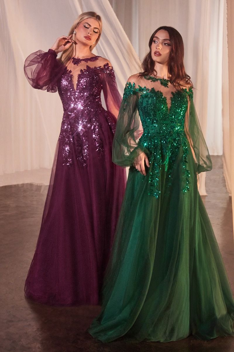 Formal Dresses Long Sleeve Formal Sequin Dress Eggplant Emerald