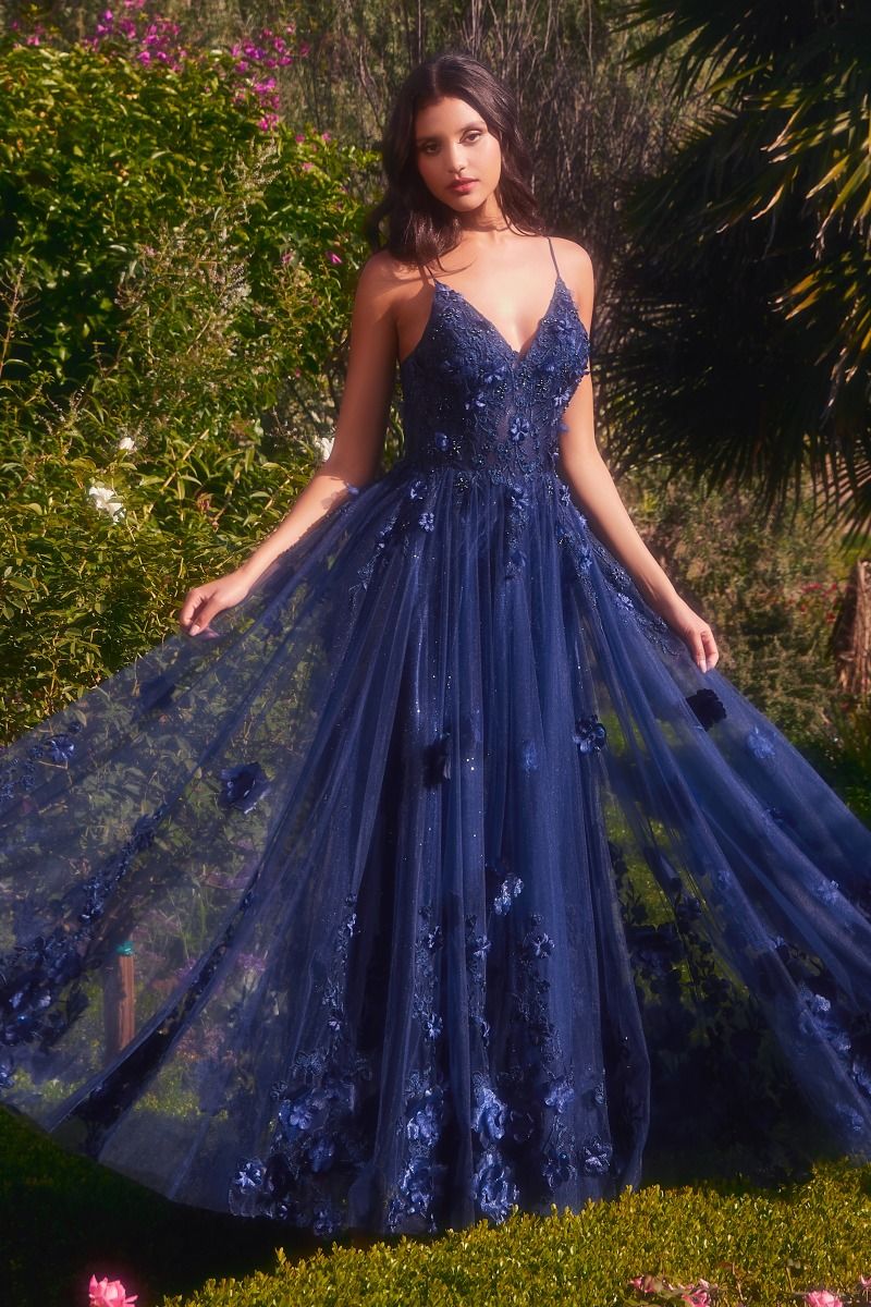 Navy Blue Flowy Prom Dress Navy Andrea Leo A1326 Long Floral A