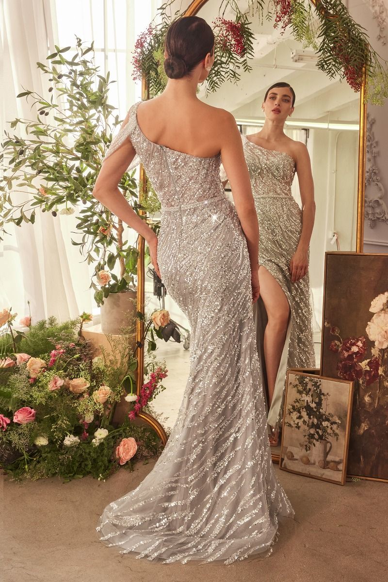 Prom Dresses Long Fitted Slit Beaded Formal Prom Dress Silver