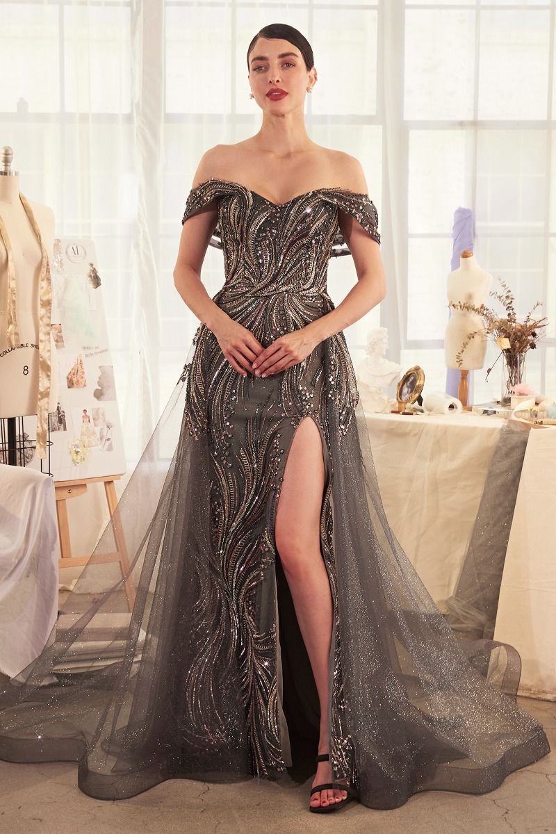 Dark Silver Andrea Leo A1375 Fitted Long Overskirt Beaded Formal