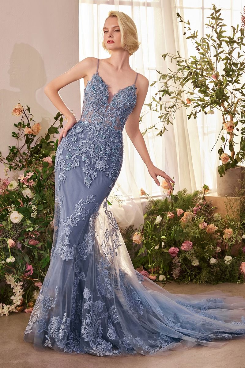 Prom Dresses Beaded Long Lace Mermaid Prom Dress Dusty Blue
