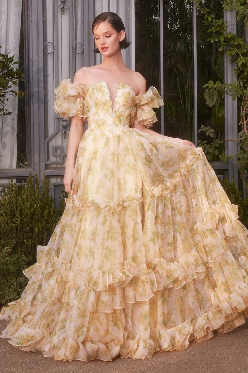 Prom Dresses Ball Gown Long Floral Printed Formal Prom Dress Yellow