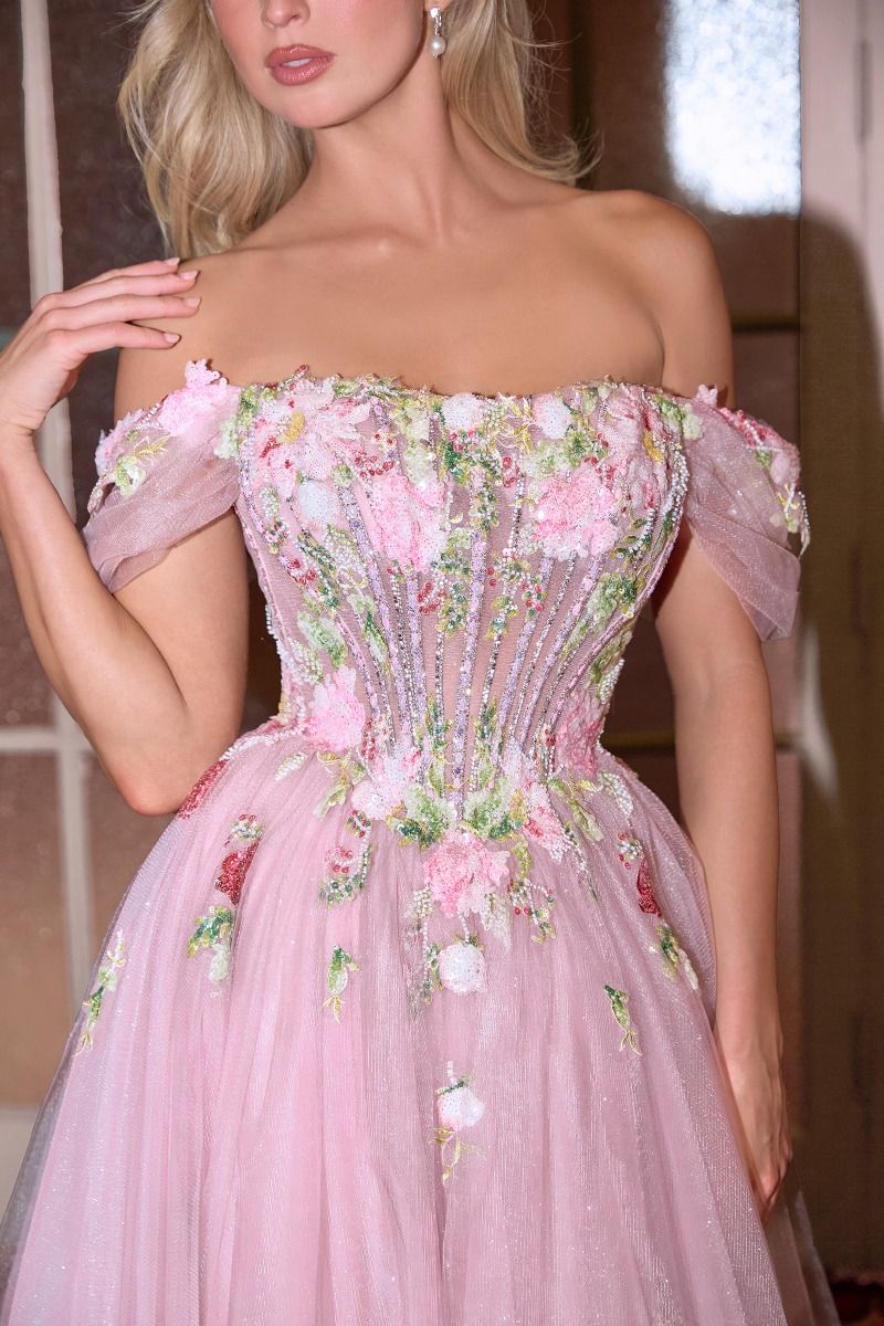 Prom Dresses A Line LongFloral Applique Corset Prom Dress Mauve