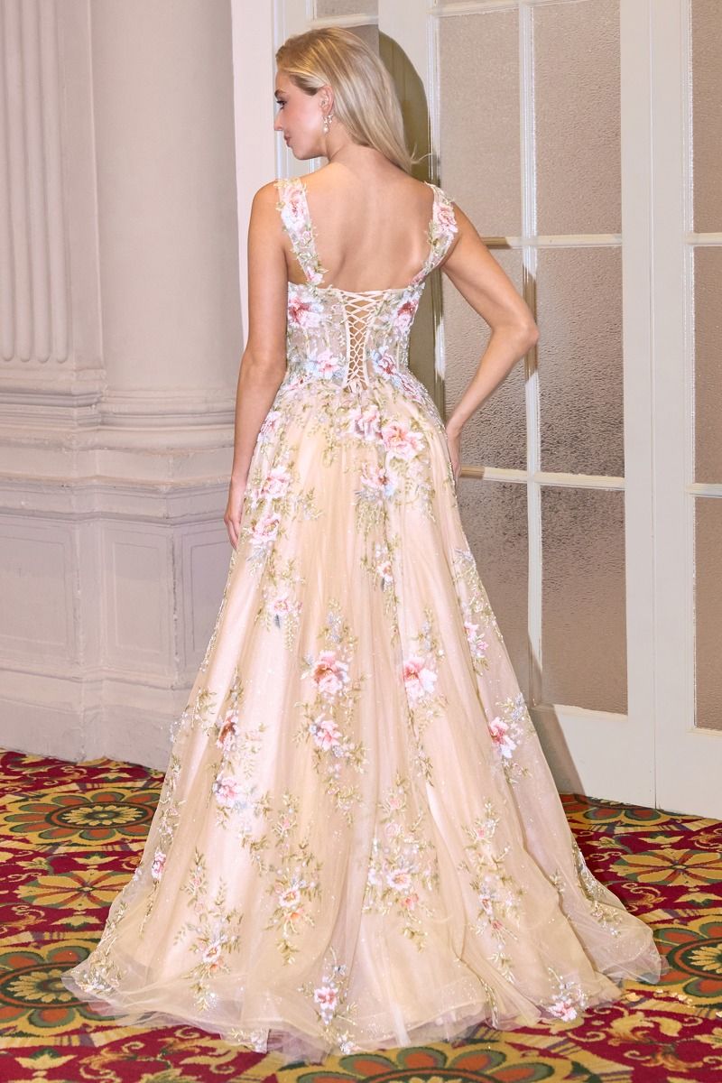 Prom Dresses Glitter Long A Line Formal Floral Applique Prom Dress Champagne