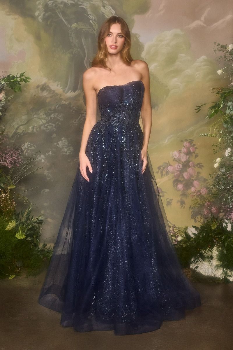 Prom Dresses Fitted Long Formal Beaded Floral Prom Dress Navy