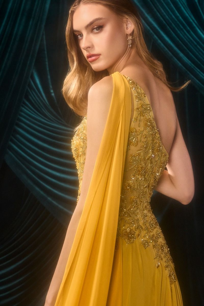 Formal Dress Long Formal Beaded Floral Evening Formal Dress Marigold
