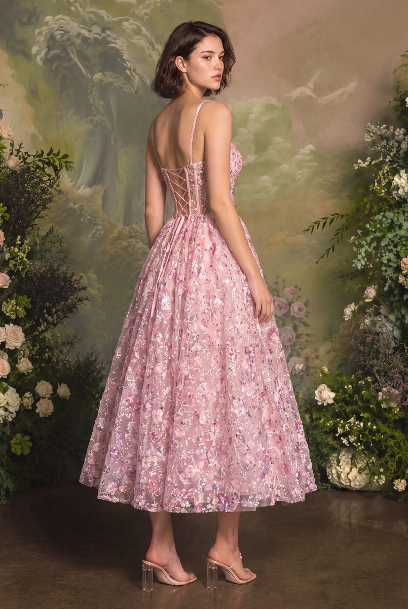 Blush Scoop Tea-Length Lace Sequin Cocktail Dress Floral Andrea & Leo A1523