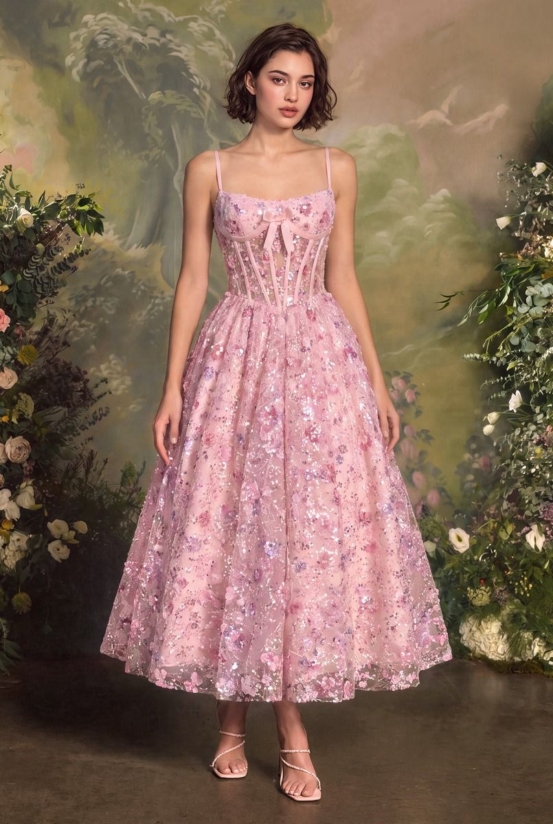 Blush Scoop Tea-Length Lace Sequin Cocktail Dress Floral Andrea & Leo A1523