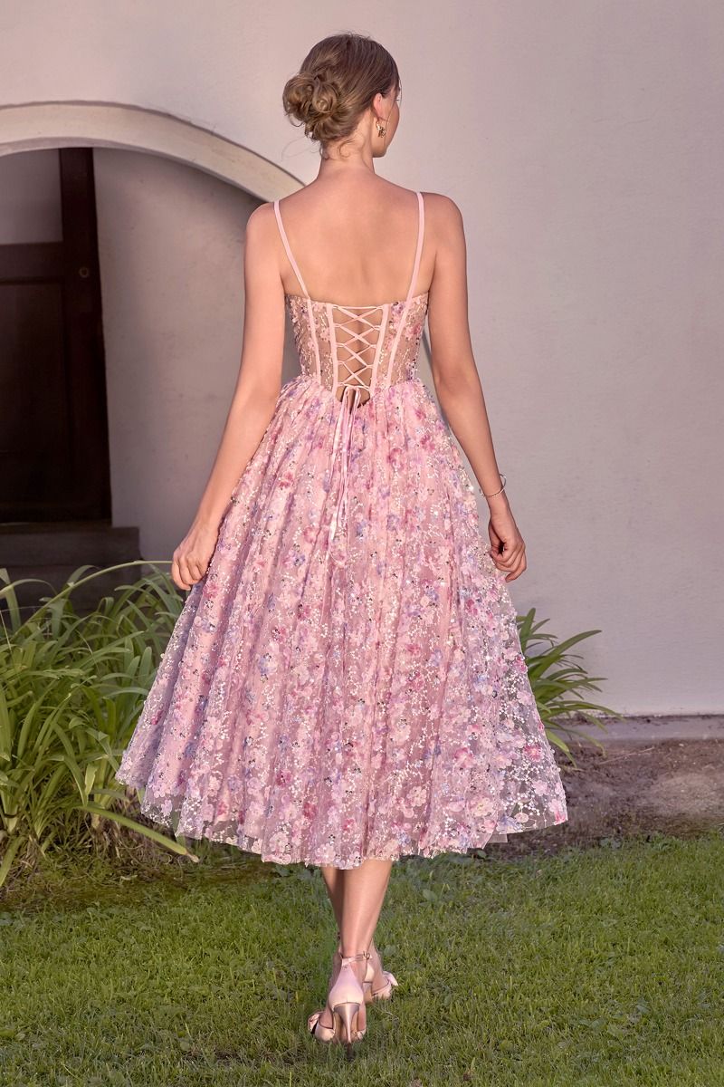 Blush Scoop Tea-Length Lace Sequin Cocktail Dress Floral Andrea & Leo A1523