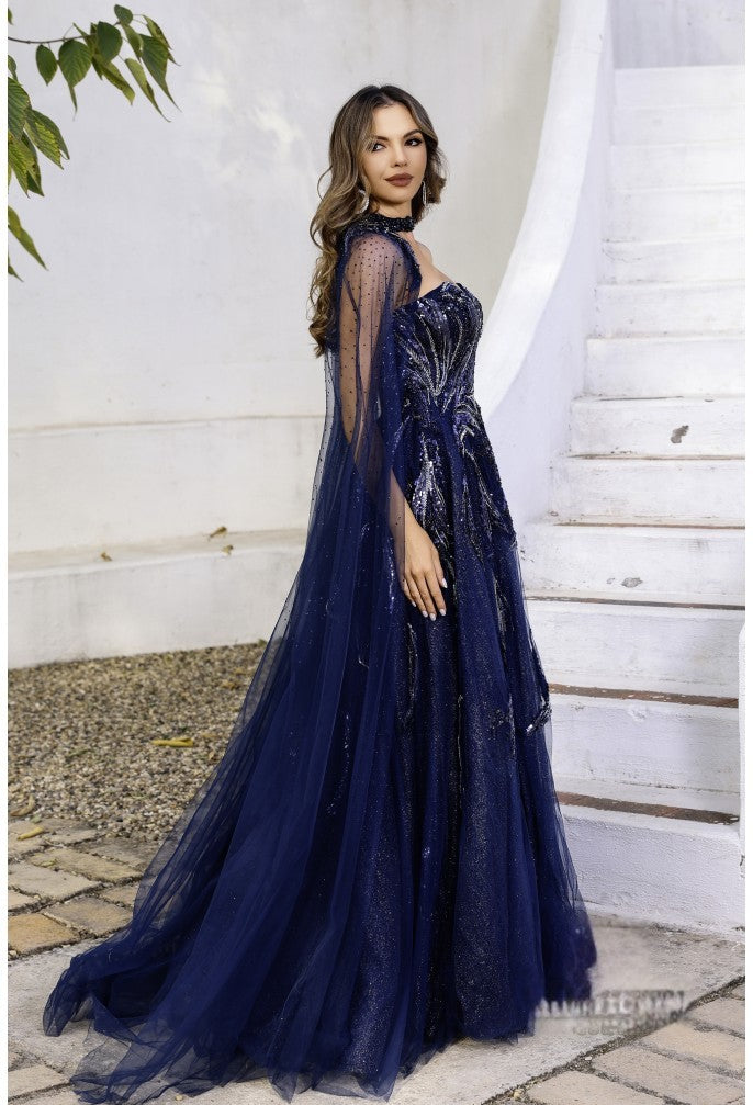 Prom Dresses A Line Long Ball Gown Formal Beaded Prom Dress Navy