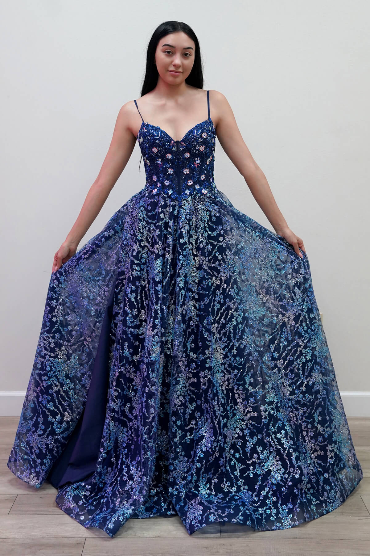 Prom Dresses Strapless Floor-Length Tulle Gown with Corset Bodice and Lace Formal Gown Juliet JUJT2642G Juliet Navy Blue