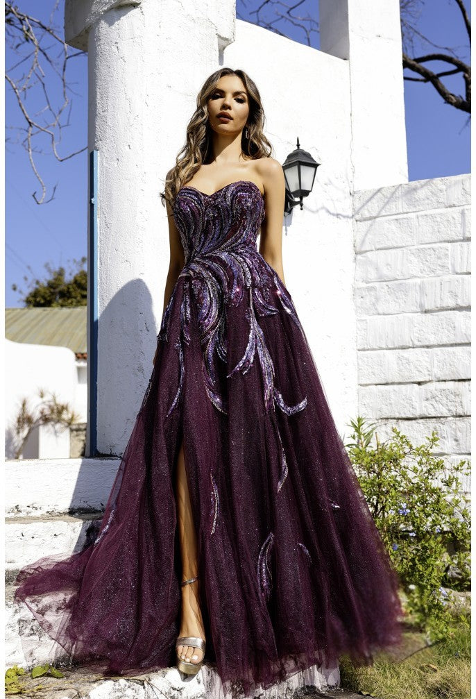Prom Dresses A Line Long Ball Gown Formal Beaded Prom Dress Aubergine