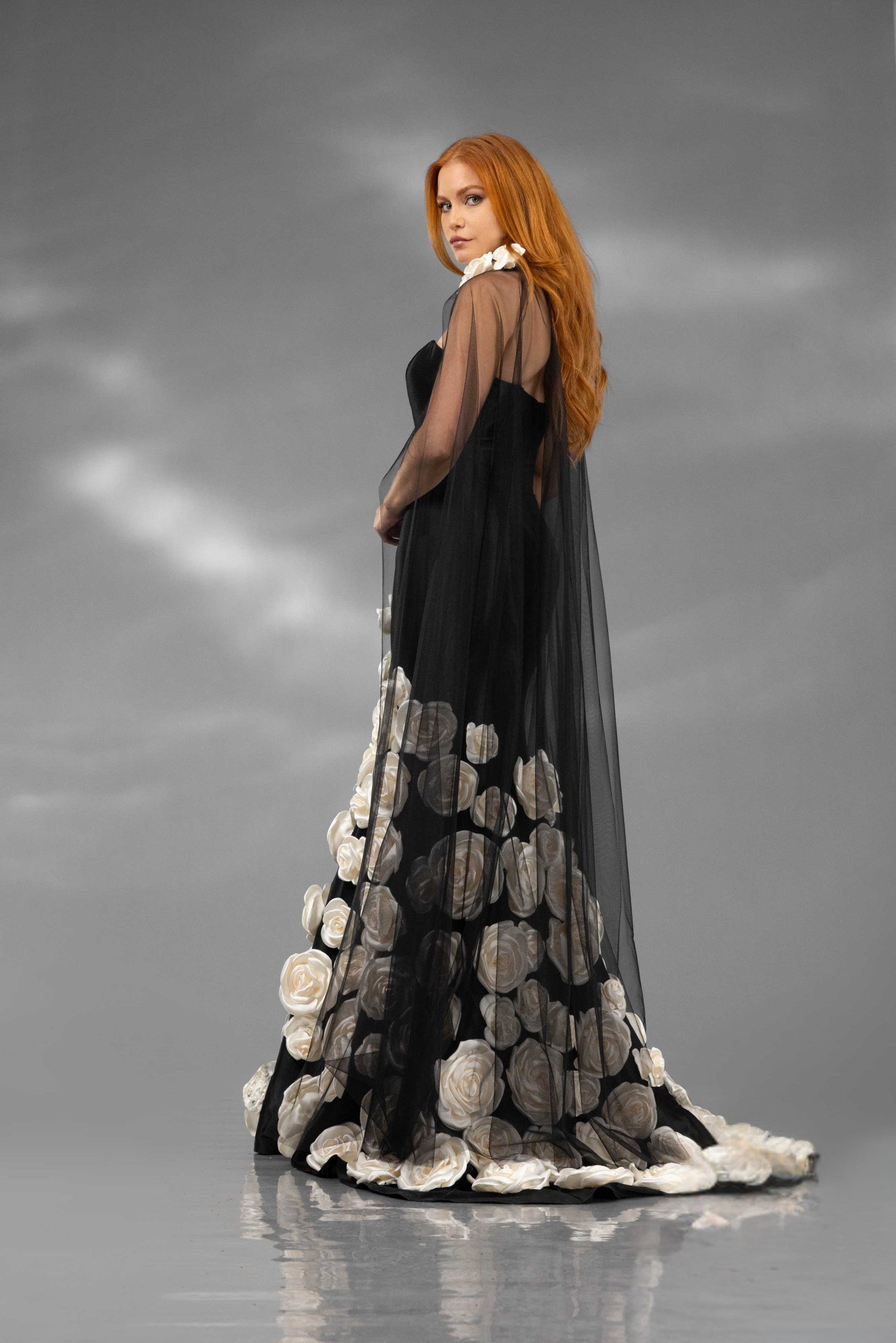 Terani Couture 251GL4184 Long 3D Floral Applique Detachable Cape Formal Dress