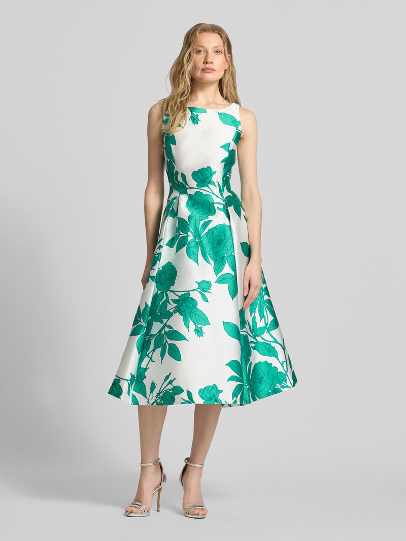 Ivory Green Adrianna Papell AP1E213256 Boat Neck Midi Satin Cocktail Floral Dress