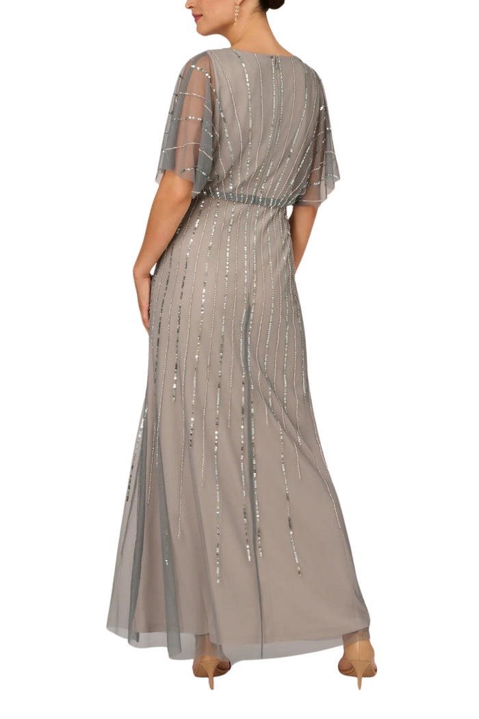 Formal Dresses A Line Long Formal Beaded Blouson Sequin Dress Pewter Silver