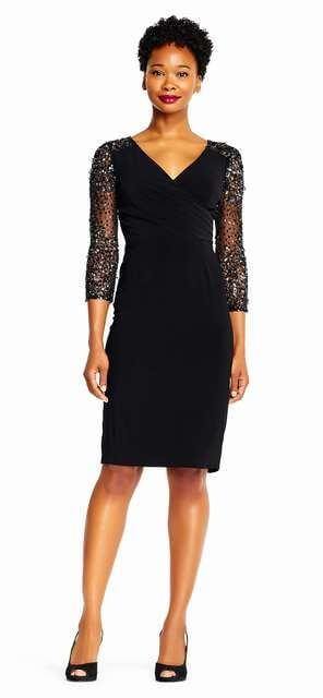 Black Adrianna Papell AP1E201493 Short V-Neck Cocktail Party Dress