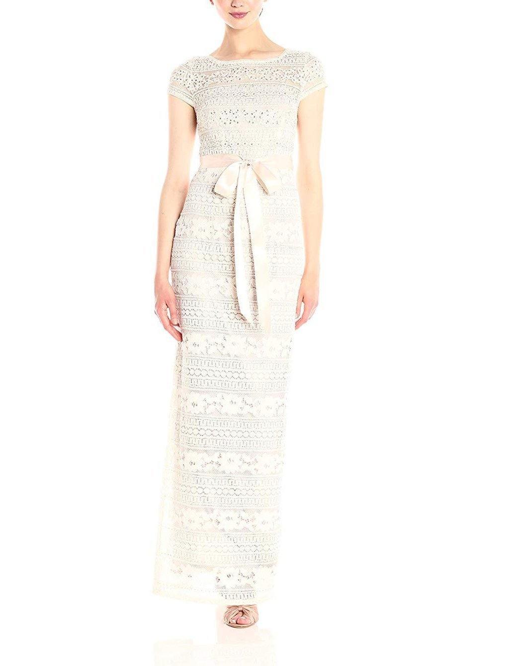Adrianna Papell Long Crew Neck Short Sleeve Formal Lace Dress - The Dress Outlet Adrianna Papell