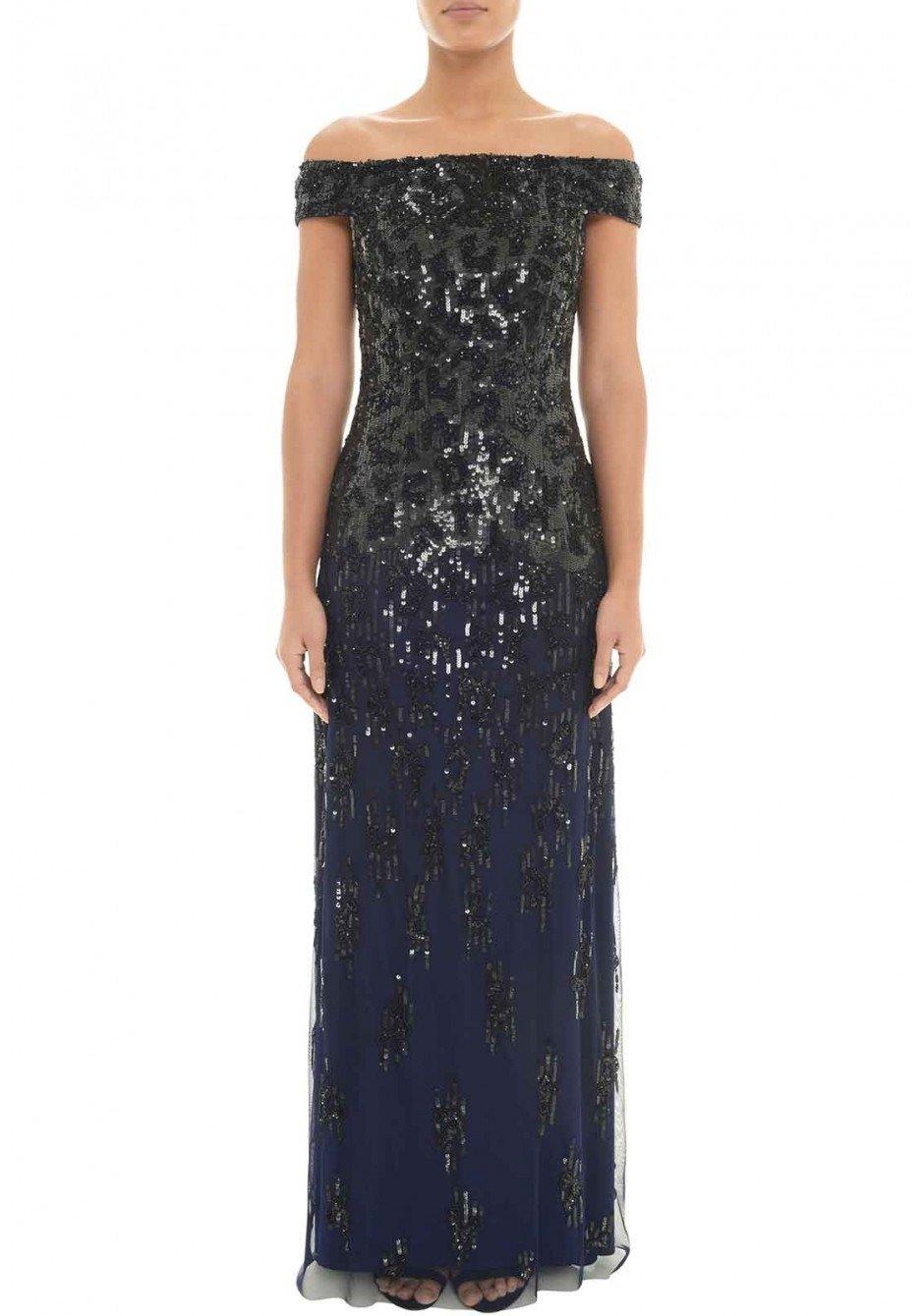 Navy Black Adrianna Papell AP1E202441 Off Shoulder Sleeveless Long