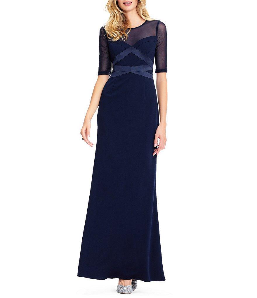 Adrianna Papell Short Sleeve Banded Mesh Long Dress - The Dress Outlet Adrianna Papell