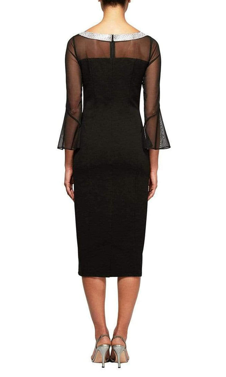 Short Sheath Crepe Cocktail Dress with Beaded Illusion Neckline & Bell Sleeves Alex Evenings 160146