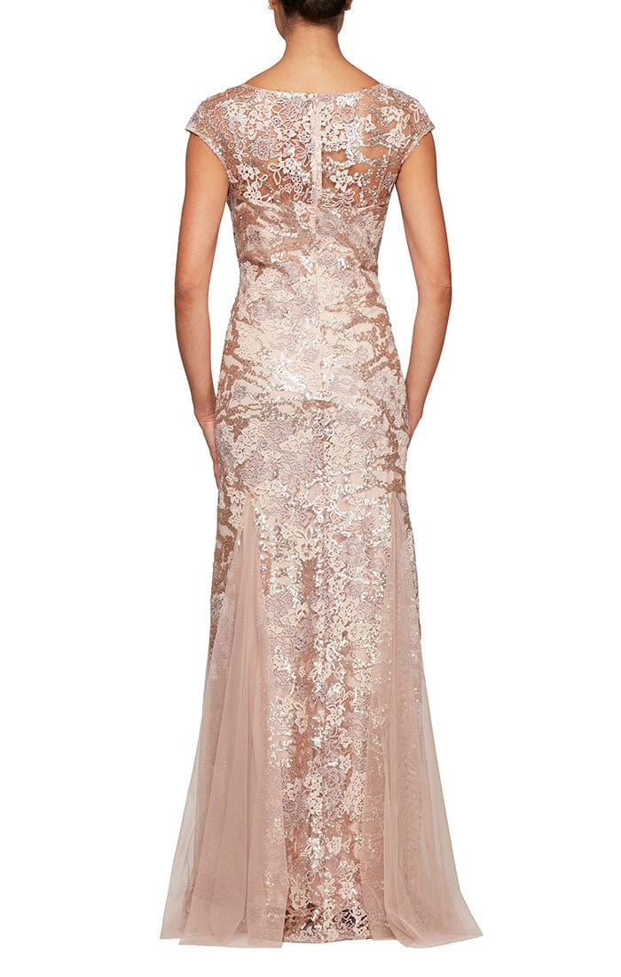 Long Cap Sleeve Embroidered Fit and Flare Dress With Godet Detail Skirt, Illusion V- Nec Alex Evenings 8117897
