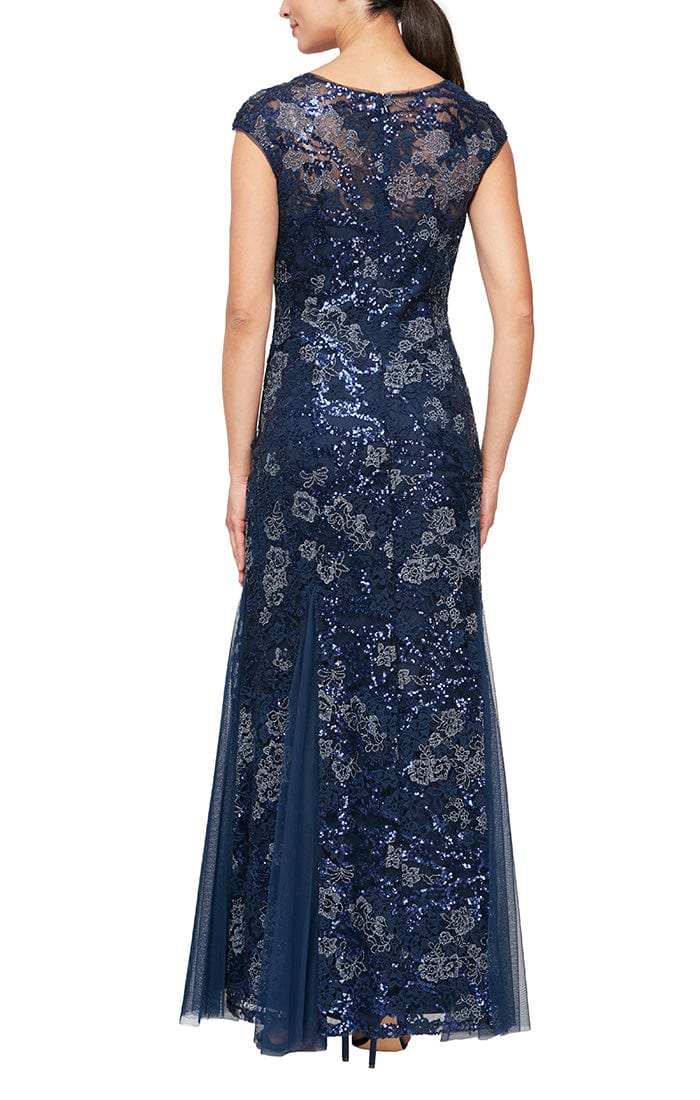 Long Cap Sleeve Embroidered Fit and Flare Dress With Godet Detail Skirt, Illusion V- Nec Alex Evenings 8117897