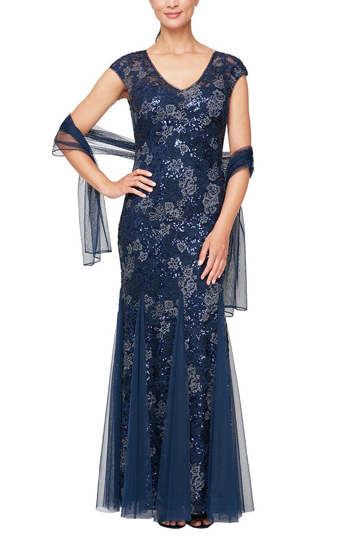 Long Cap Sleeve Embroidered Fit and Flare Dress With Godet Detail Skirt, Illusion V- Nec Alex Evenings 8117897