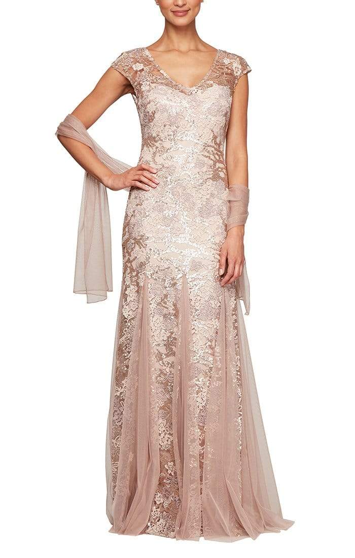 Long Cap Sleeve Embroidered Fit and Flare Dress With Godet Detail Skirt, Illusion V- Nec Alex Evenings 8117897