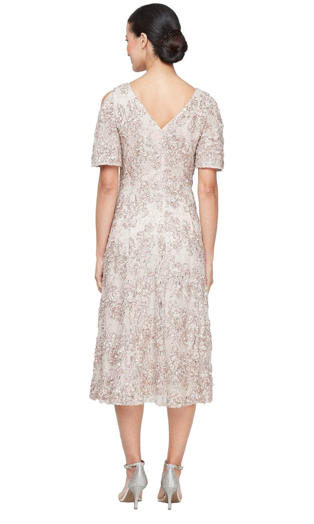 Tea Length V-Neck Soutache Dress with A- Line Skirt and Cold Shou Alex Evenings 82122693
