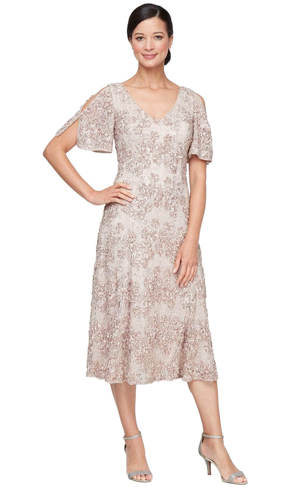 Tea Length V-Neck Soutache Dress with A- Line Skirt and Cold Shou Alex Evenings 82122693