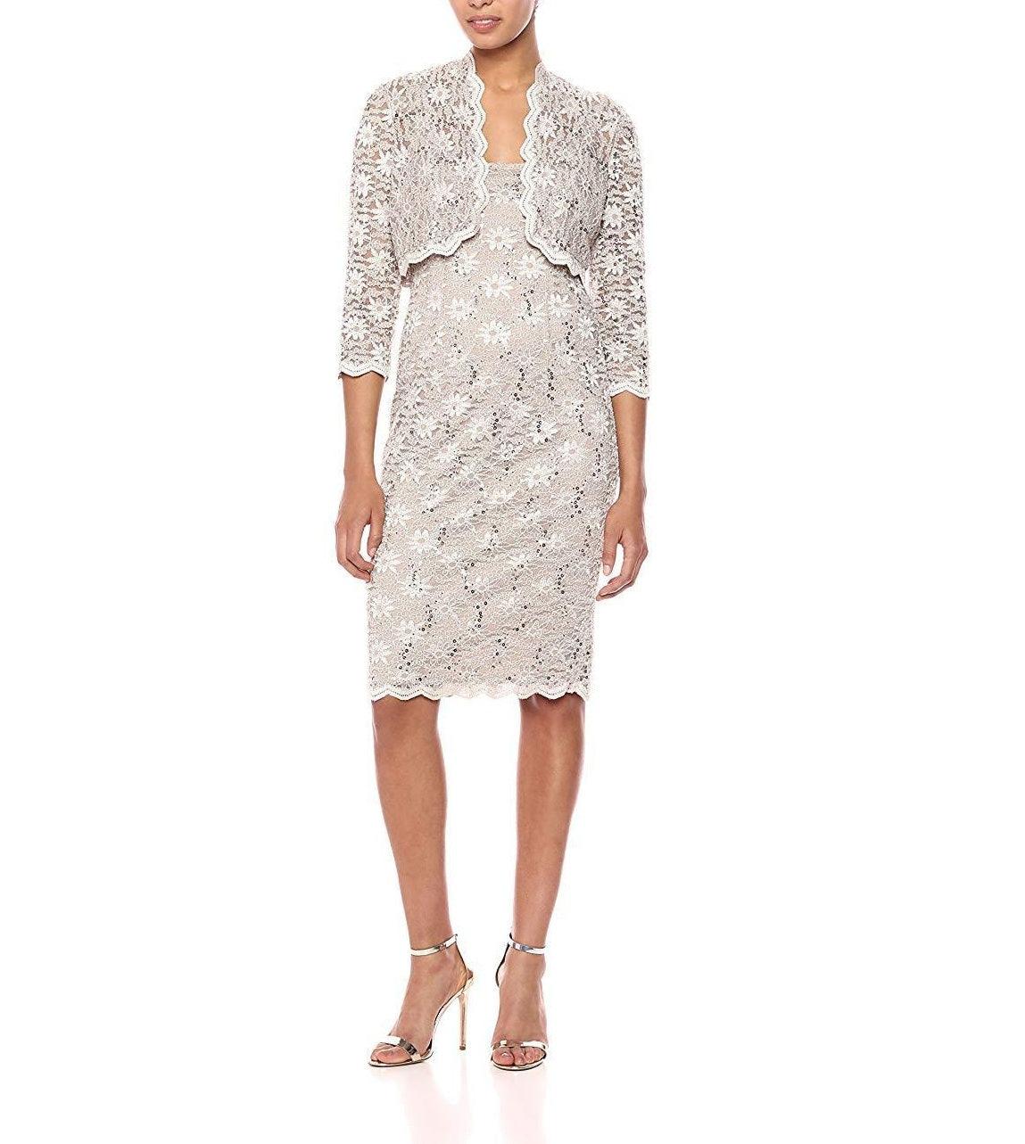 Taupe Alex Evenings AE1122090 Sleeveless Short Lace Dress Bolero