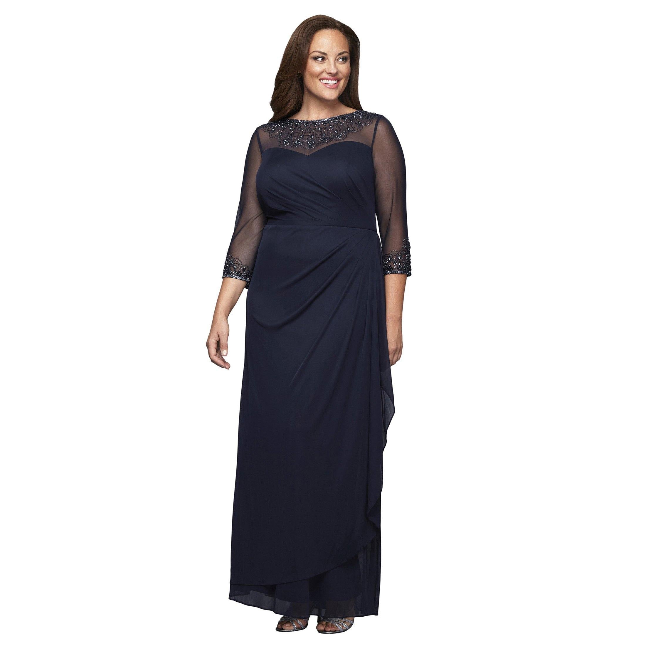 Dark Navy Alex Evenings AE432833 Plus Size Long Beaded Dress