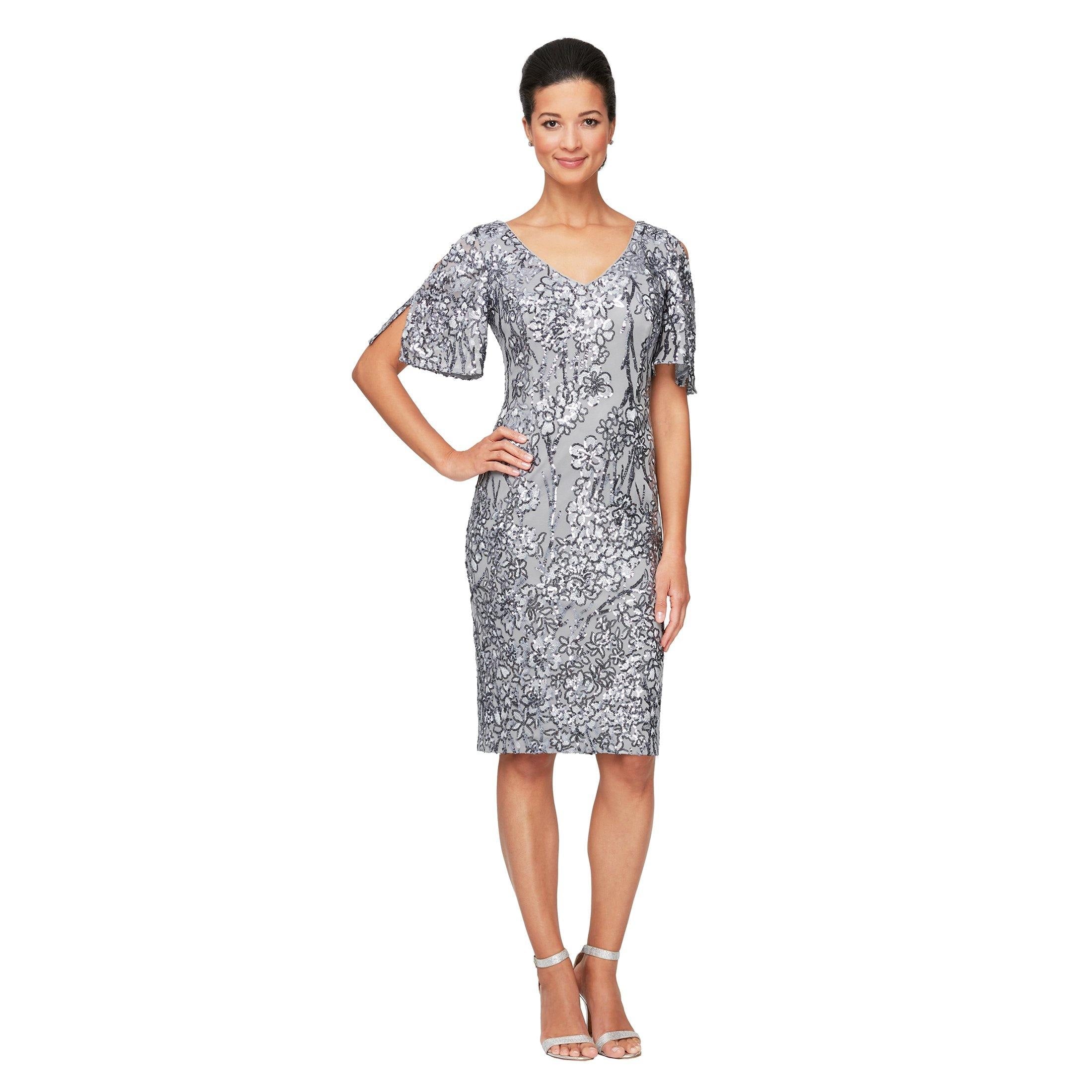 Silver Alex Evenings AE8196728 Short Flutter Sleeve Dress