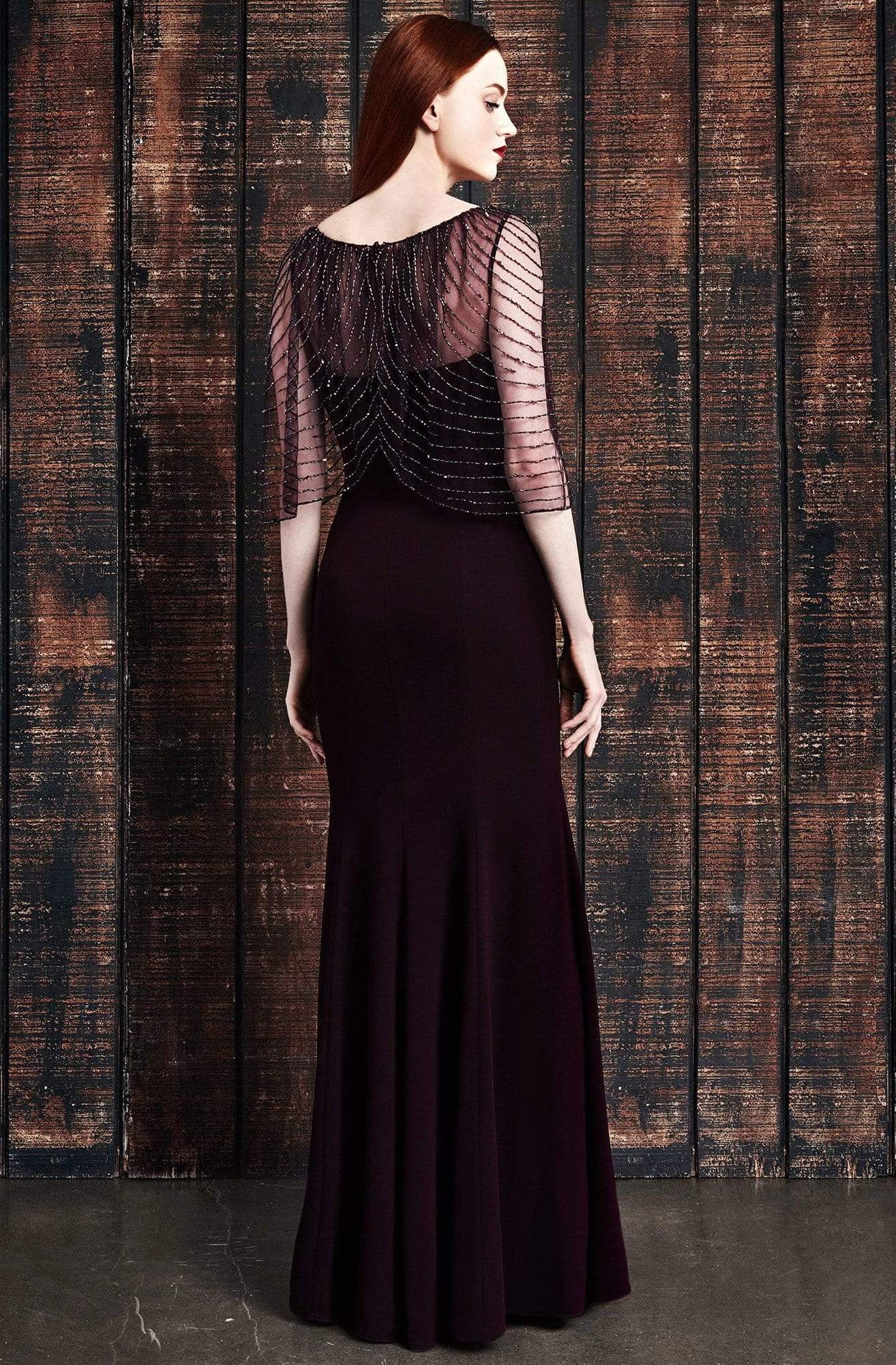 Formal Dresses Long Formal Beaded Cape Evening Dress Aubergine