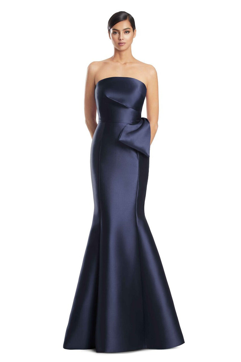 Off-Shoulder Satin Gown with Bow Details by Alexander by Daymor 3222S26 in Navy
