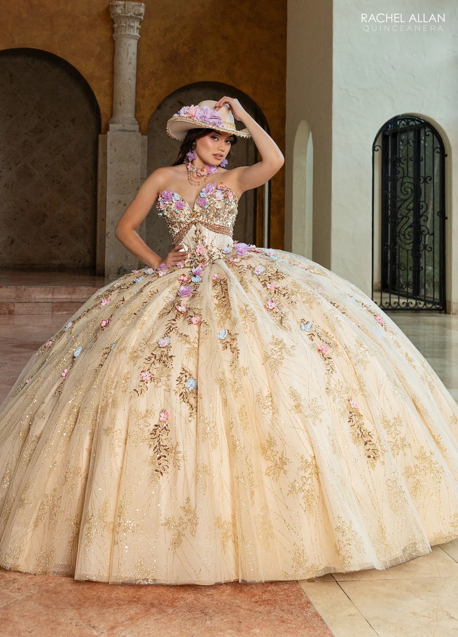 Emerald Multi Sweetheart Floor-Length Tulle Gown with Floral Embellishments Formal Gown Rachel Allan RQ6011