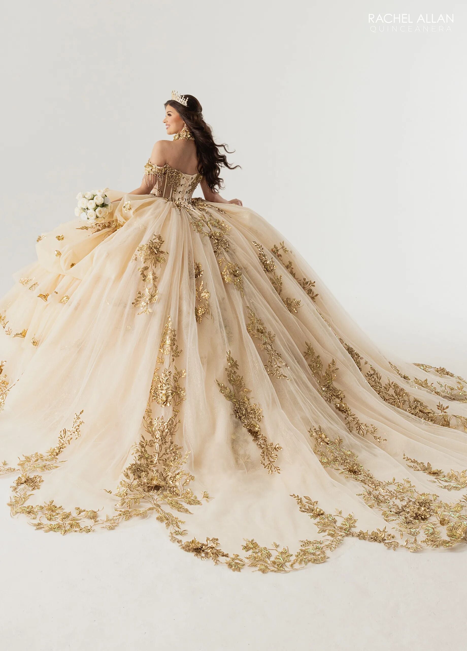 Champagne Gold Off-the-Shoulder Floor-Length Tulle Gown with Floral Embellishments Formal Gown Rachel Allan RQ6014