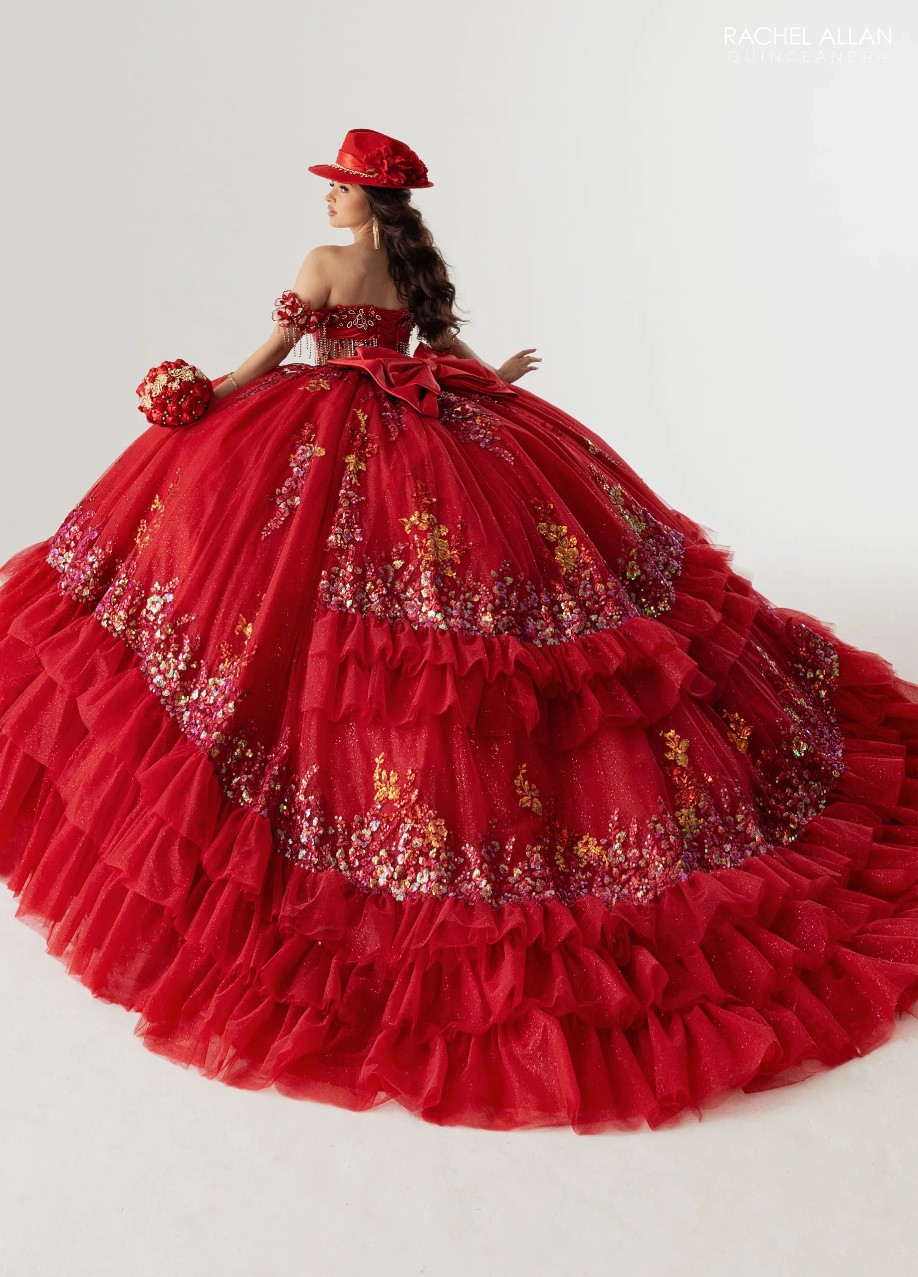 Deep Red Off-the-Shoulder Floor-Length Tulle Gown with Gold Sequin Embellishments Formal Gown Rachel Allan RQ6012