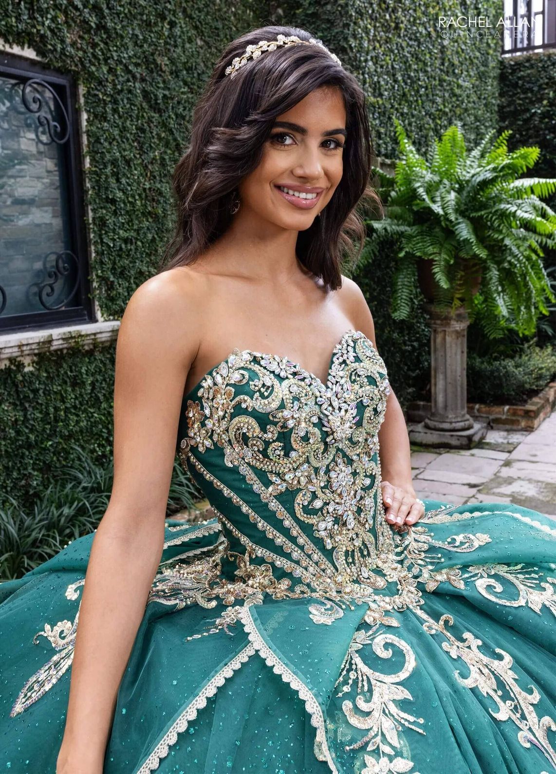 Emerald Gold Sweetheart Floor-Length Glitter Tulle Gown with Detachable Cape Formal Gown Rachel Allan RQ6015
