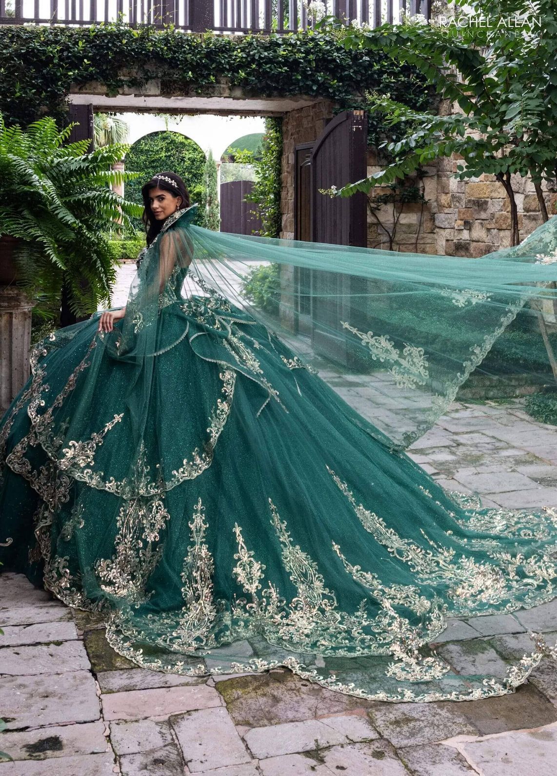 Emerald Gold Sweetheart Floor-Length Glitter Tulle Gown with Detachable Cape Formal Gown Rachel Allan RQ6015