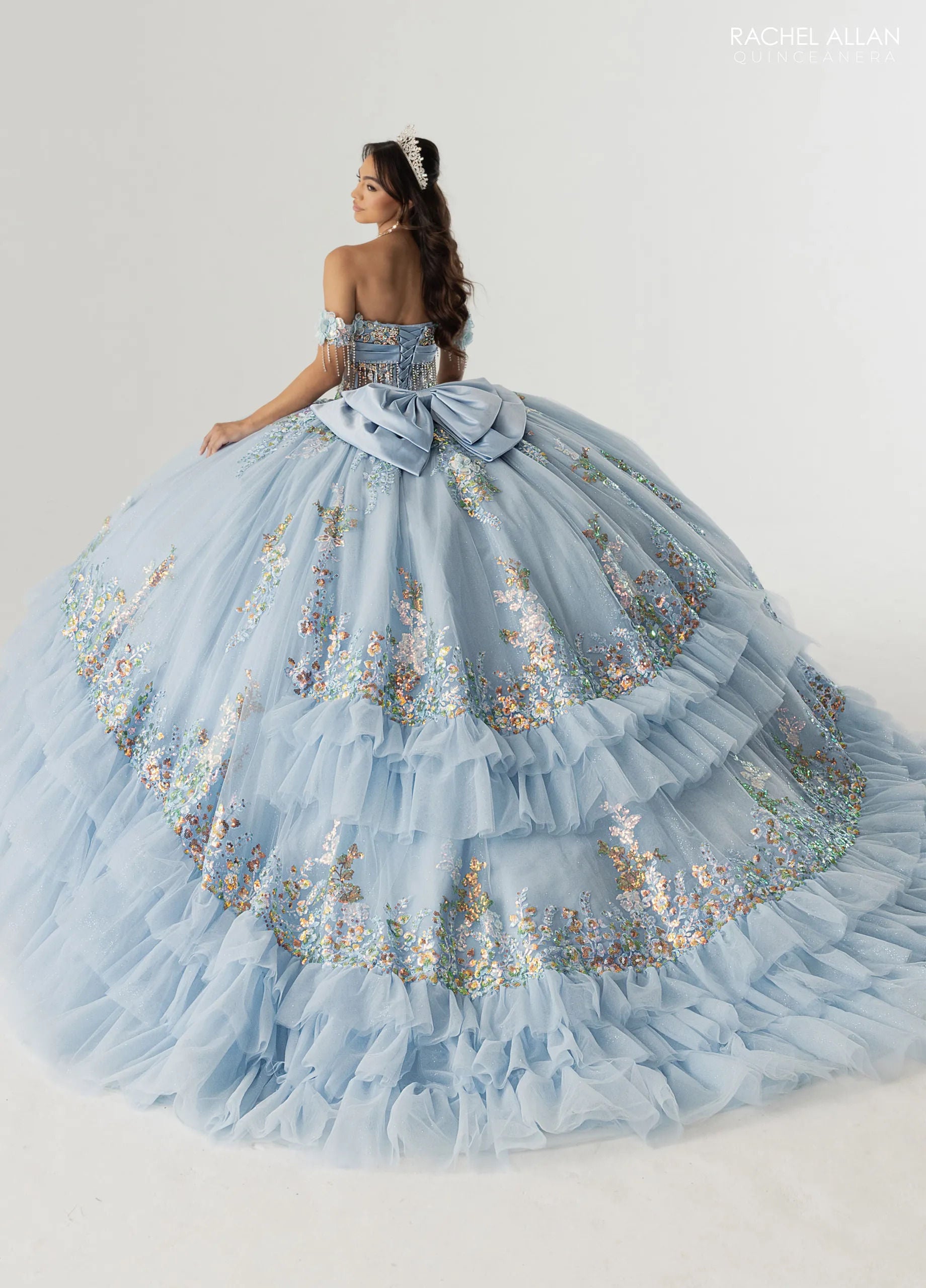 Sky Blue Off-the-Shoulder Floor-Length Tulle Gown with Gold Sequin Embellishments Formal Gown Rachel Allan RQ6012